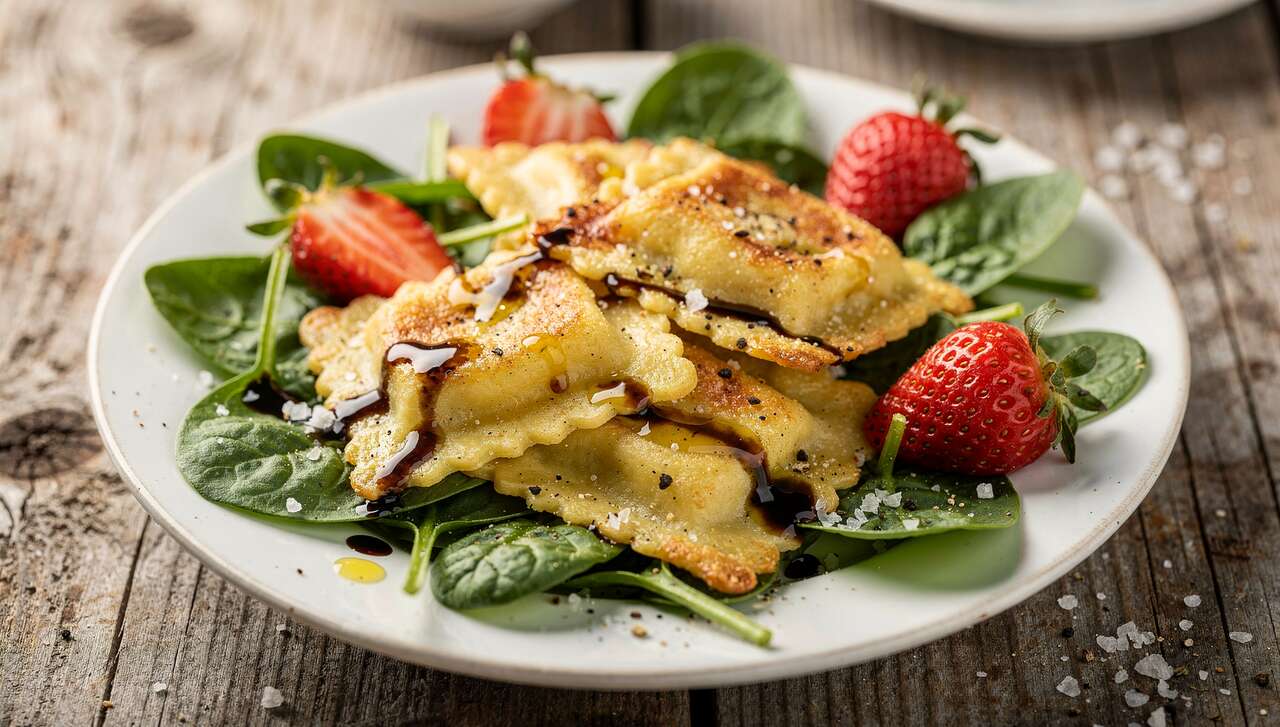 Salade printanière : ravioles poêlées, épinards et fraises