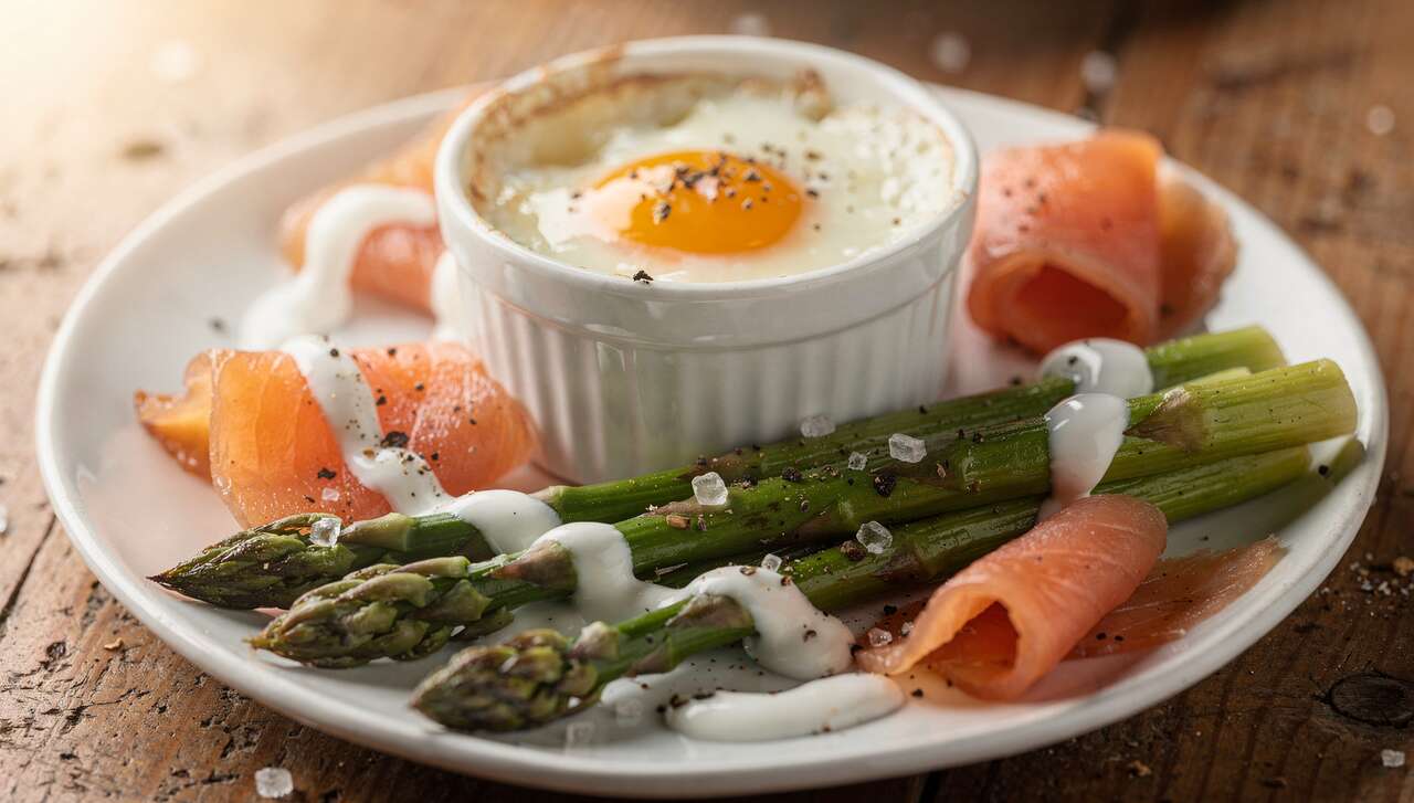 Oeuf cocotte aux asperges et truite fumée : recette gourmande