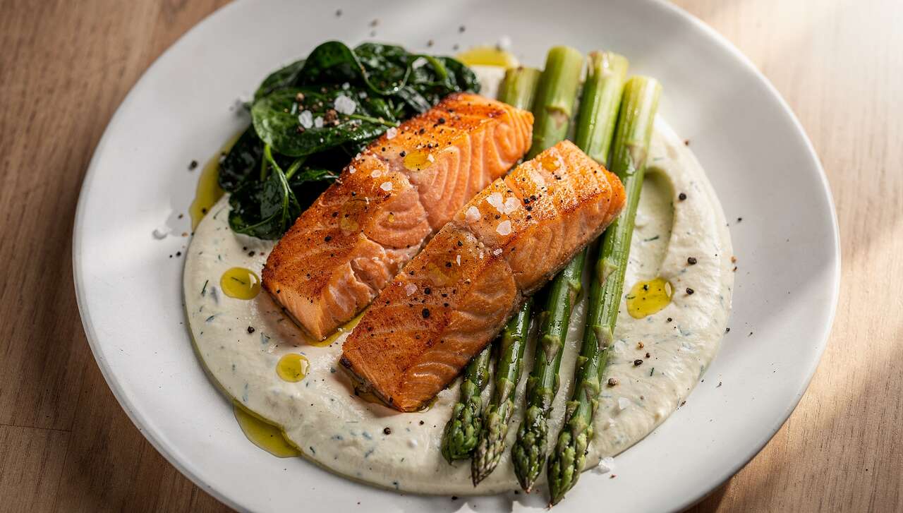 Saumon à la crème : la recette aux épinards et asperges vertes
