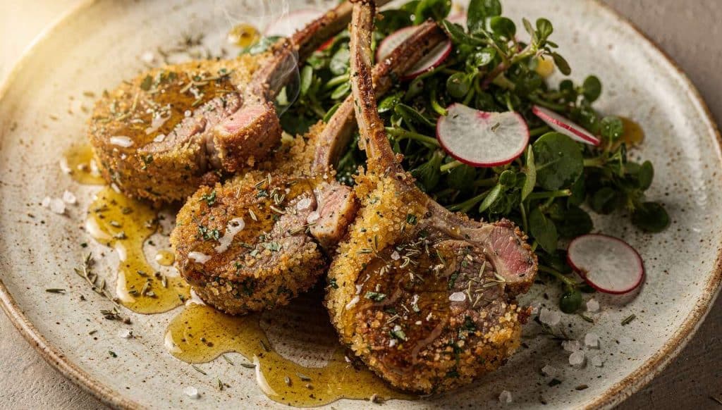 Côtes d'agneau panées aux herbes et miel, salade de pourpier et radis