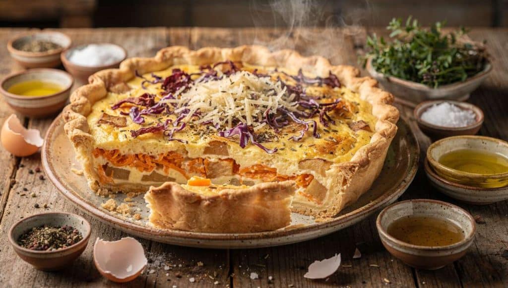 Quiche au chou rouge, carottes et pommes : recette gourmande