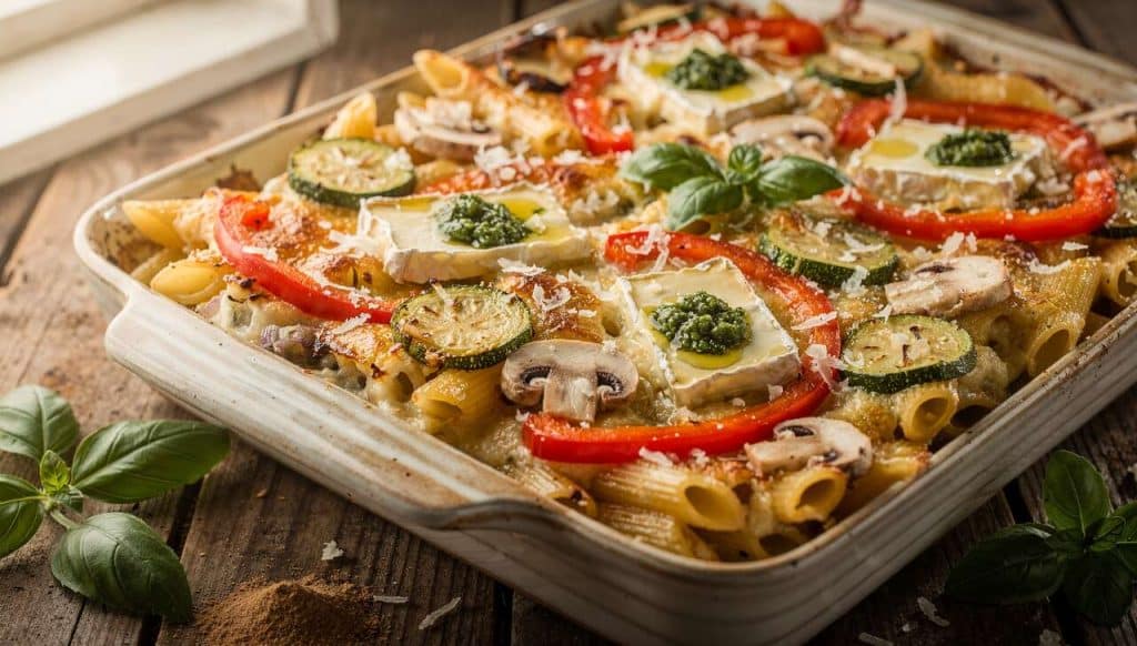 Gratin de pâtes aux légumes, pesto et brie : découvrez la recette savoureuse
