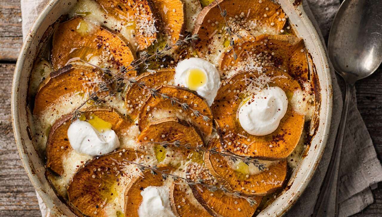 Gratin de patate douce, quinoa et chèvre