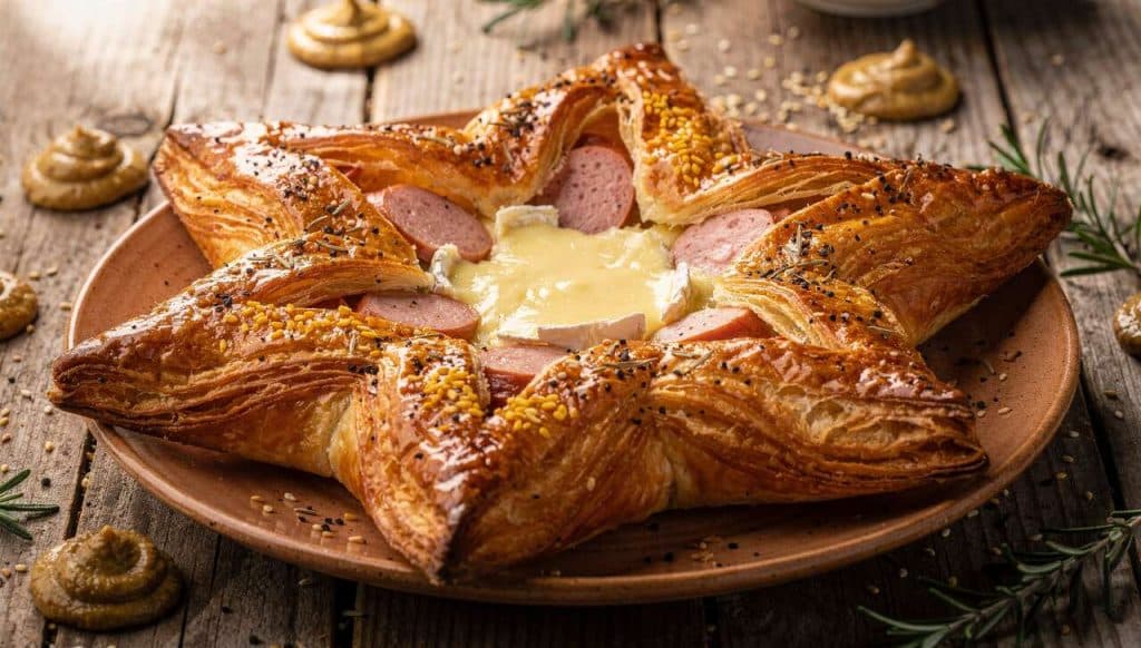 Recette : étoile feuilletée saucisse et camembert rôti