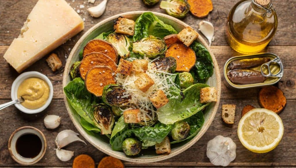 Recette : salade César avec patates douces et choux de Bruxelles