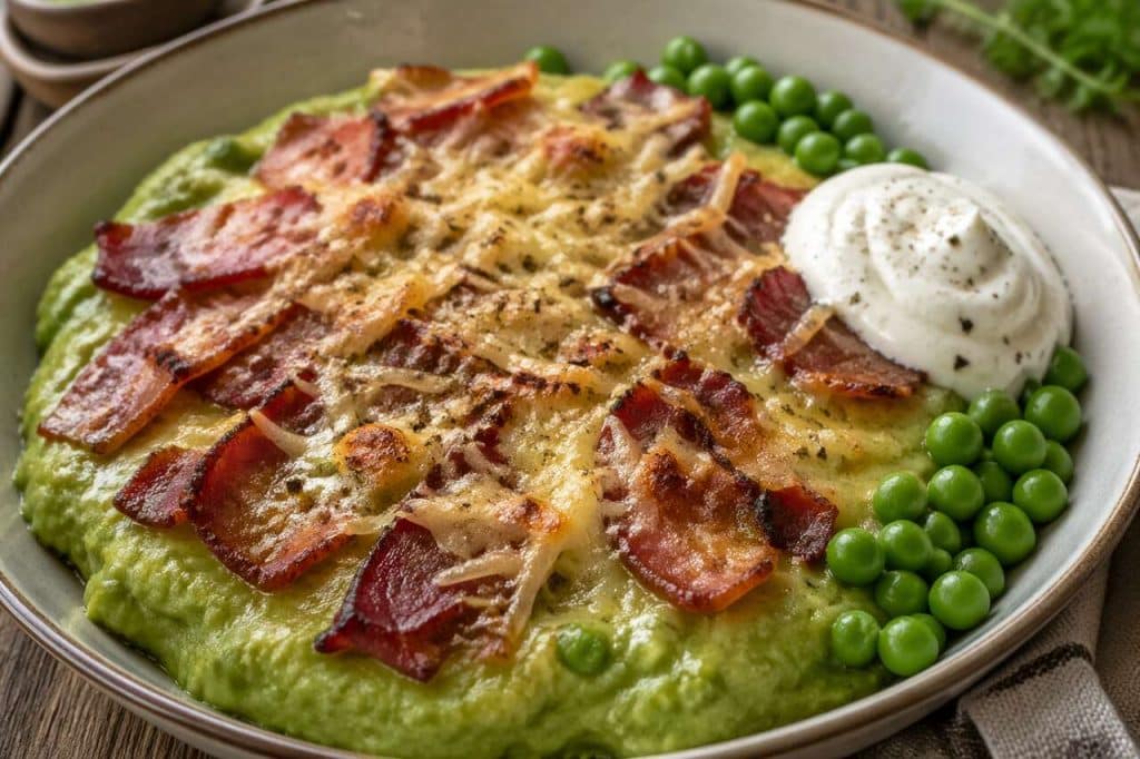 Purée gratinée de petits pois et bacon : recette savoureuse