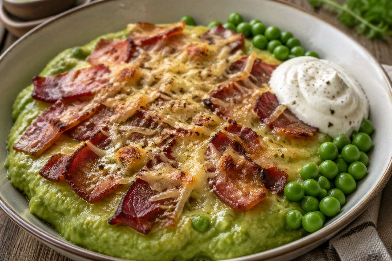 Purée gratinée de petits pois et bacon : recette savoureuse