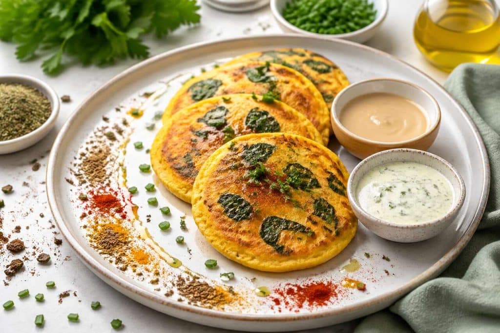 Crêpes de lentilles jaunes et épinards : recette sauce aux herbes