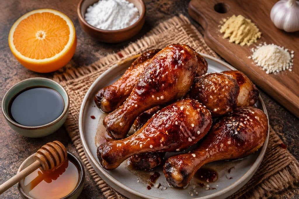 Pilons de poulet marinés à l'orange, soja et sésame à l'air fryer