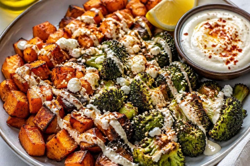 Patates douces rôties et brocolis : recette avec sauce feta