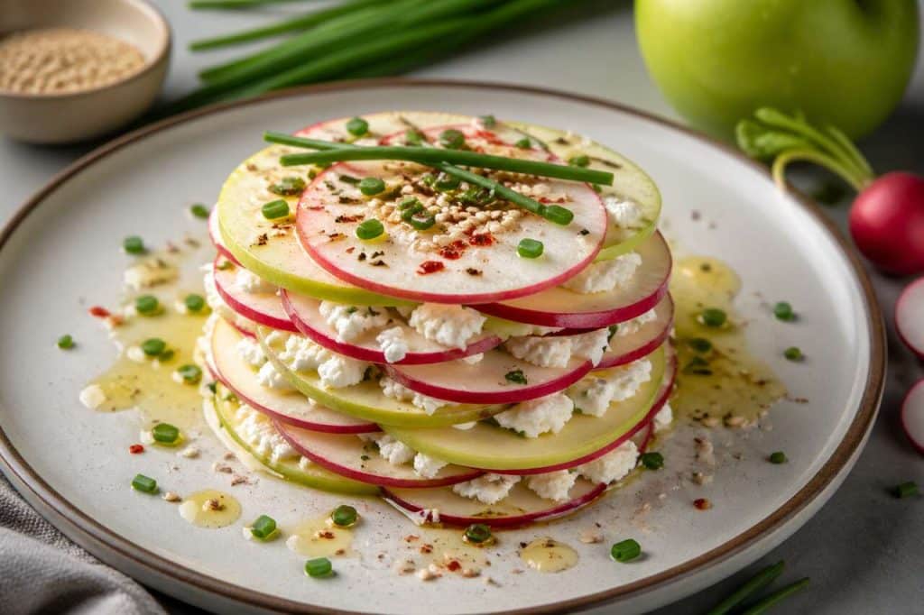 Millefeuille de pommes et radis au fromage frais : recette raffinée