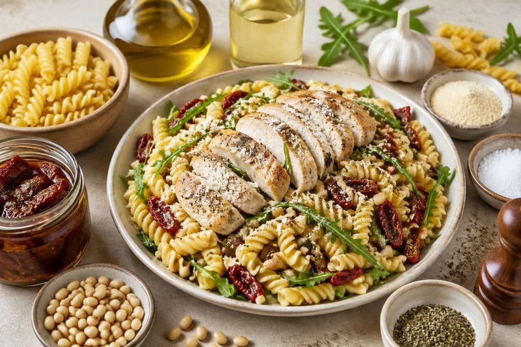 Salade de pâtes au poulet, parmesan et basilic : une recette savoureuse