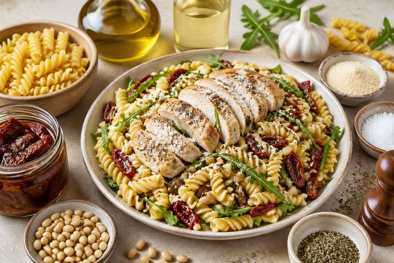 Salade de pâtes au poulet, parmesan et basilic : une recette savoureuse