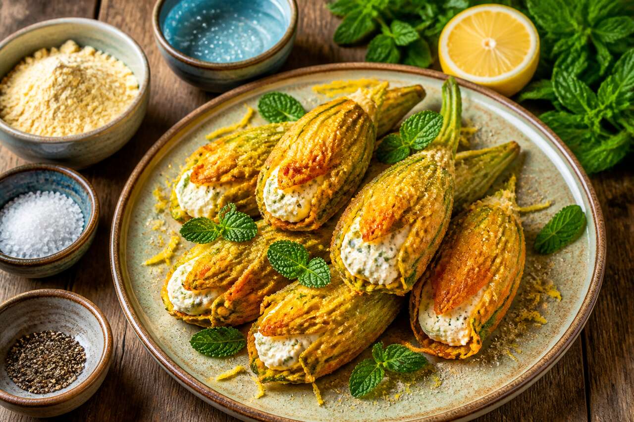 Fleurs de courgettes farcies au chèvre et à la menthe