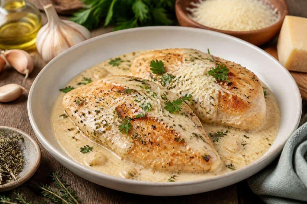 Poulet à la crème, ail et parmesan : recette savoureuse