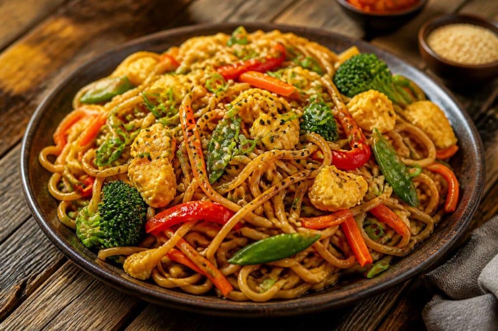Nouilles sautées aux légumes et œufs brouillés