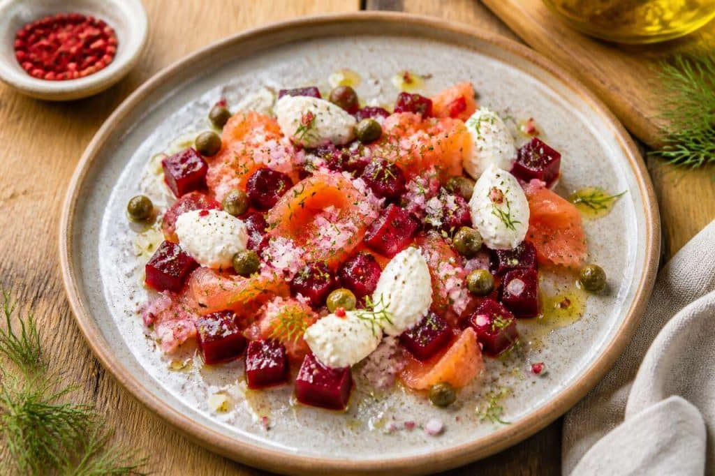 Recette tartare de betterave, truite fumée et fromage frais