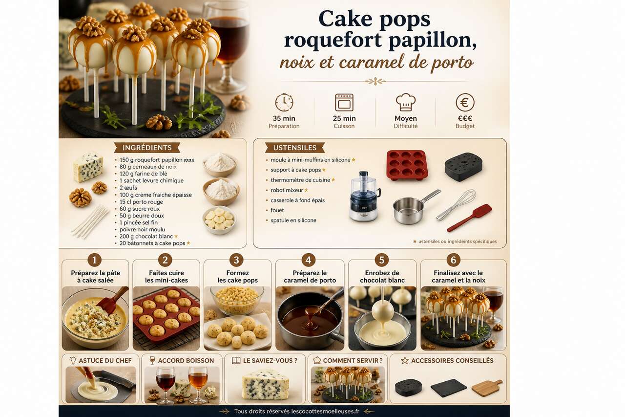 Fiche recette Recette cake pops roquefort papillon, noix et caramel de porto