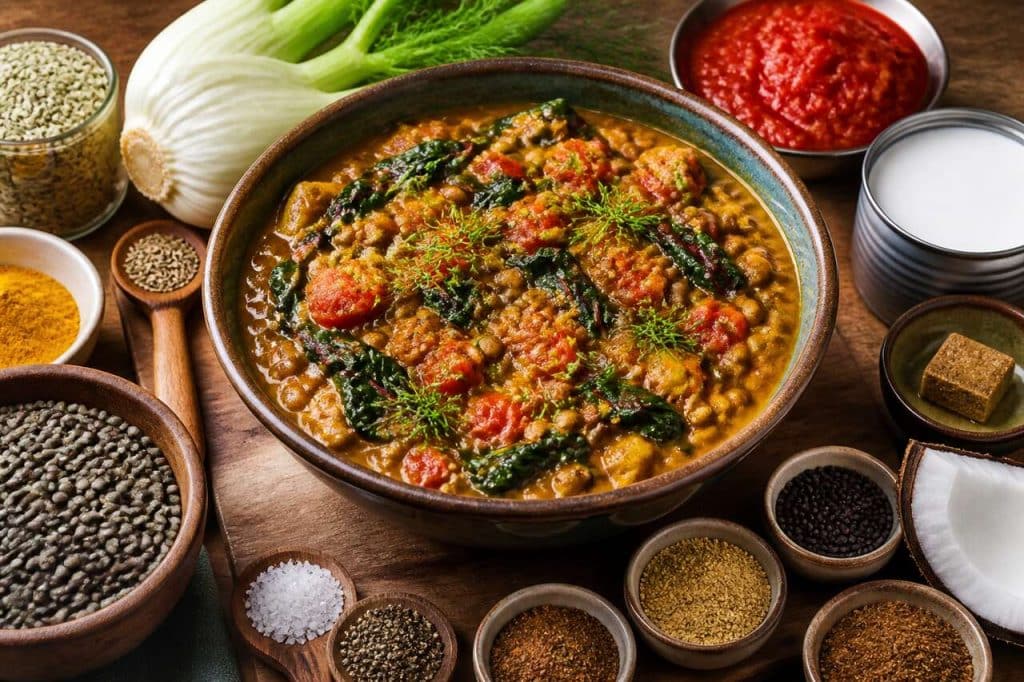 Dahl aux lentilles vertes, fenouil et blettes