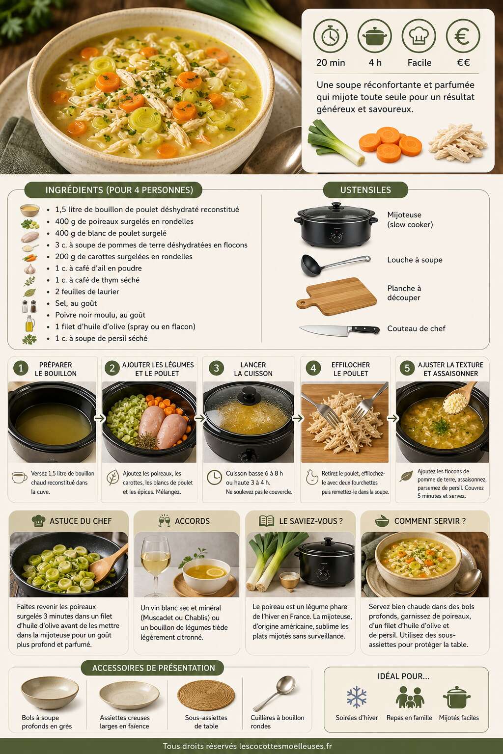 Fiche recette Soupe de poireaux au poulet &agrave; la mijoteuse : recette savoureuse