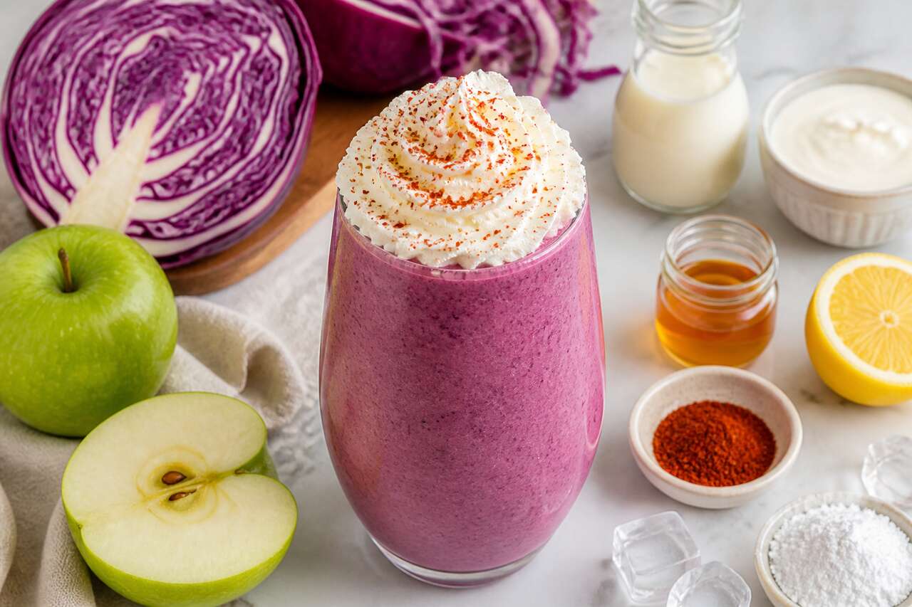 Smoothie de chou rouge, pomme Granny et crème fouettée au piment d'Espelette