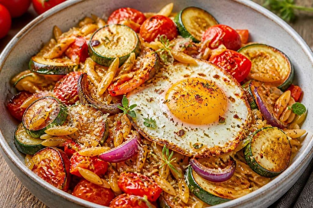 Légumes Rôtis à l'Orzo et Œuf : recette Gourmande