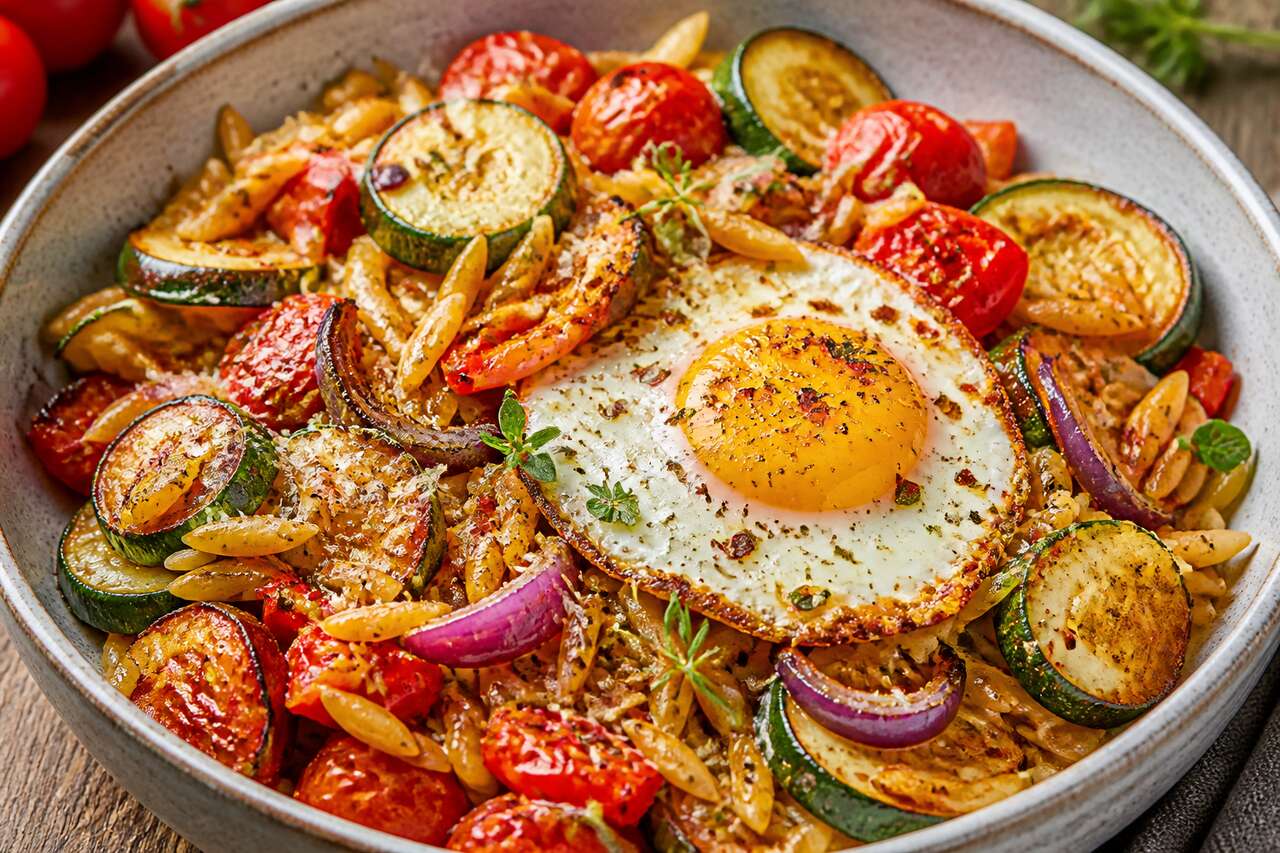 Légumes Rôtis à l'Orzo et Œuf : recette Gourmande