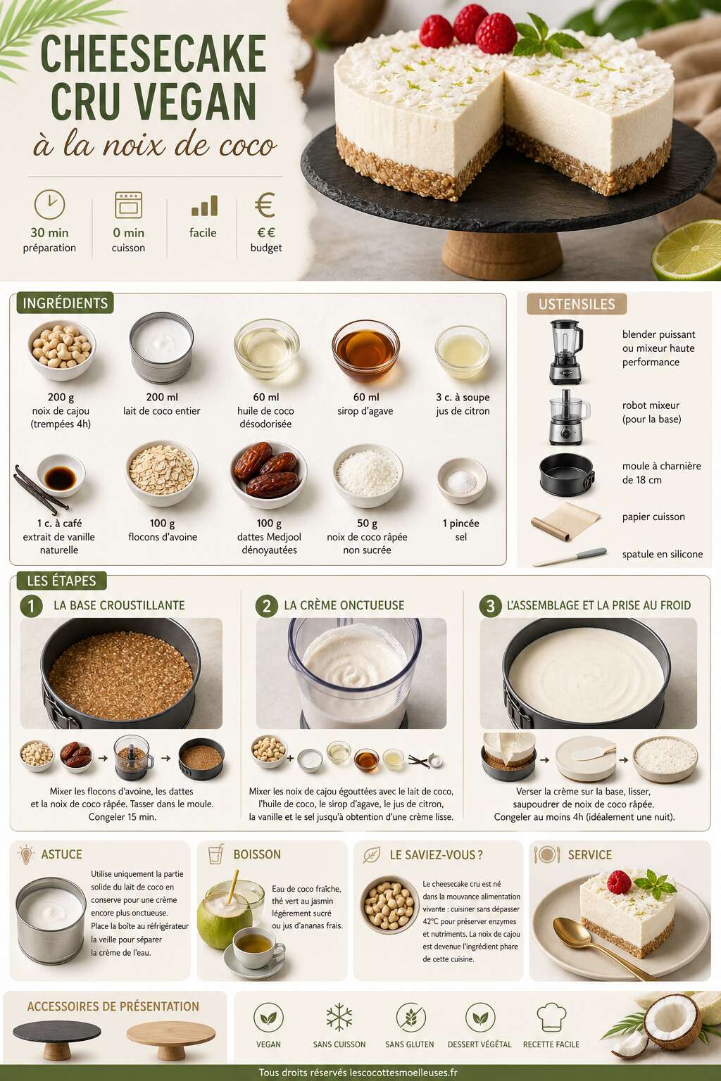 Fiche recette Cheesecake cru vegan &agrave; la noix de coco : recette facile