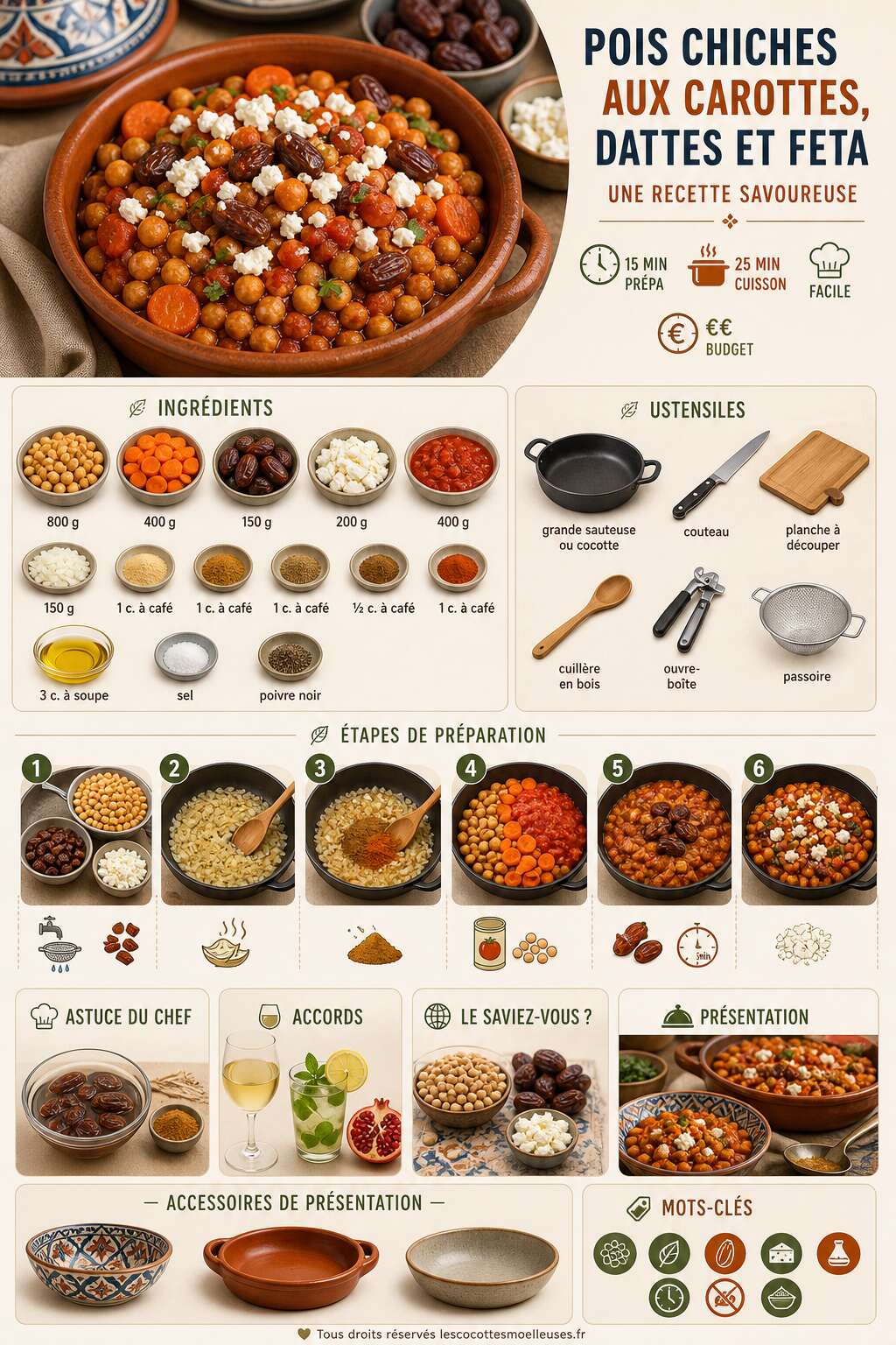 Fiche recette Pois chiches aux carottes, dattes et feta : une recette savoureuse