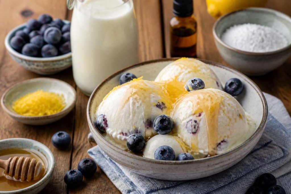 Glace au lait fermenté, citron et myrtilles : recette gourmande