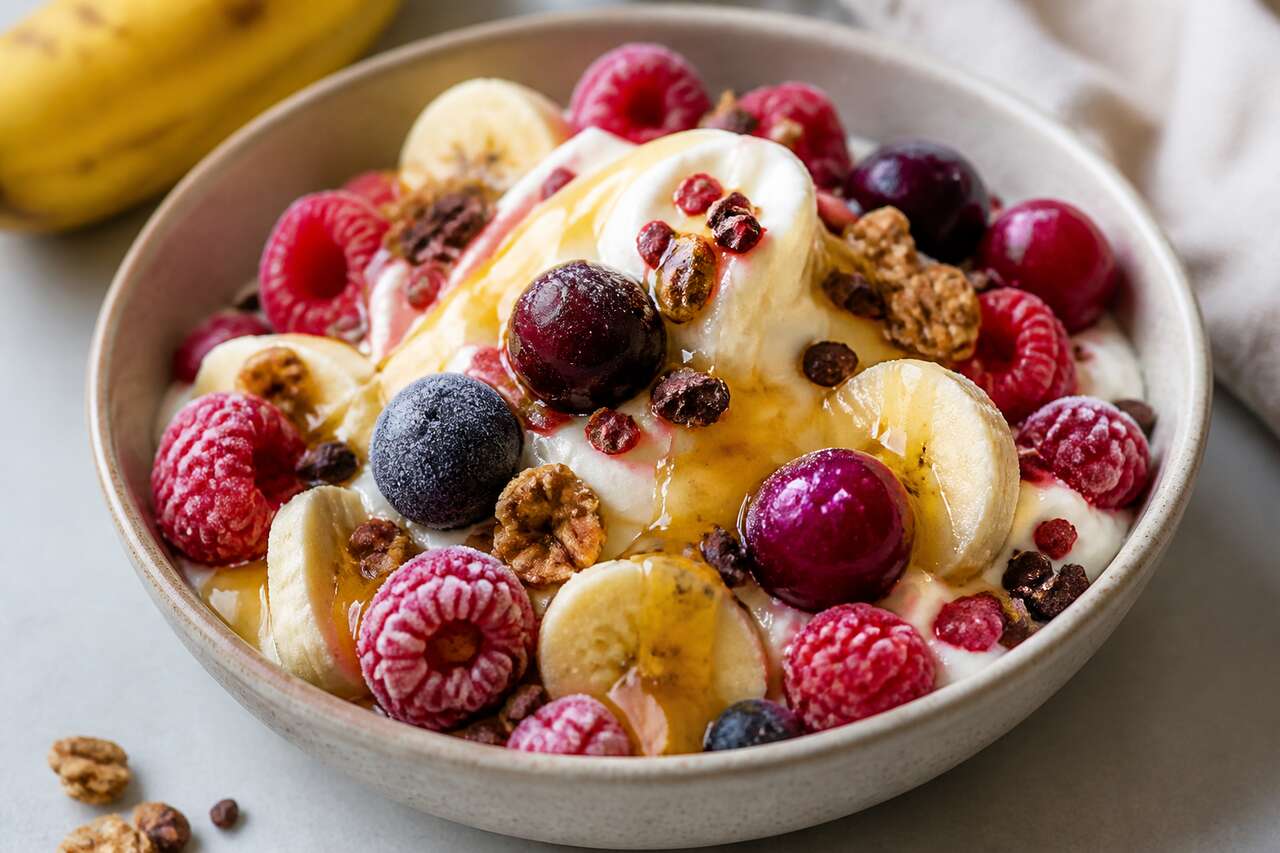Frozen yogurt banane et fruits rouges croustillants
