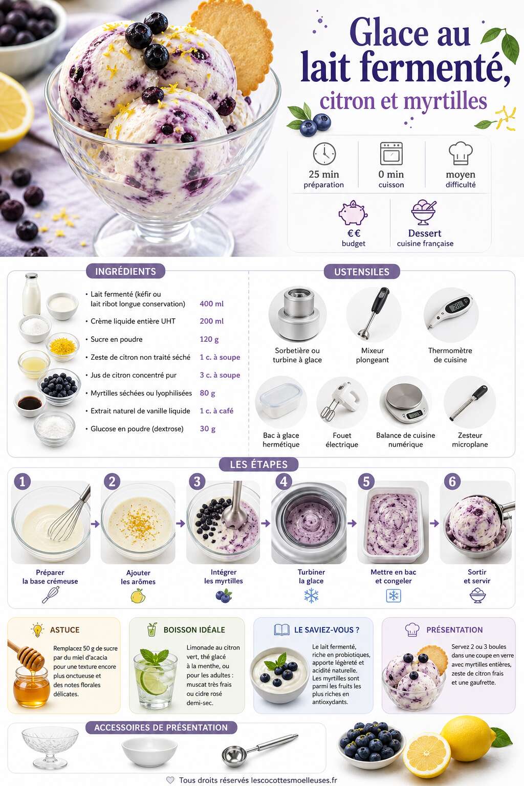 Fiche recette Glace au lait fermenté, citron et myrtilles : recette gourmande Fiche recette Glace au lait fermenté, citron et myrtilles : recette gourmande