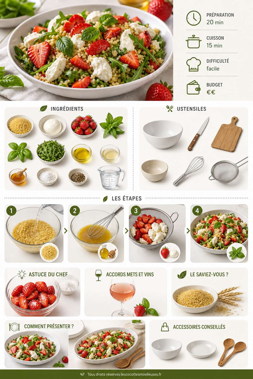 Fiche recette Salade Boulgour, mozzarella Et Fraises : recette saveur d'été Fiche recette Salade Boulgour, mozzarella Et Fraises : recette saveur d'été