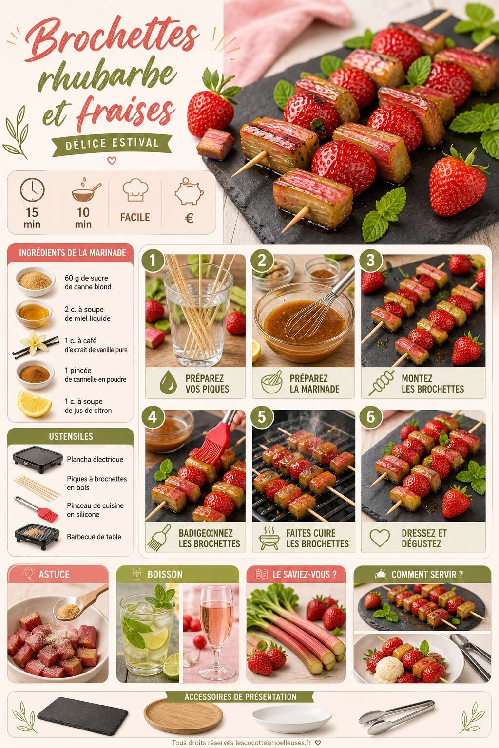 Fiche recette Brochettes rhubarbe et fraises : délice estival Fiche recette Brochettes rhubarbe et fraises : délice estival