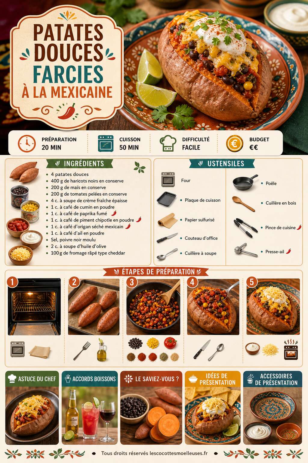 Fiche recette Patates douces farcies à la mexicaine : découvrez la recette délicieuse. Fiche recette Patates douces farcies à la mexicaine : découvrez la recette délicieuse.