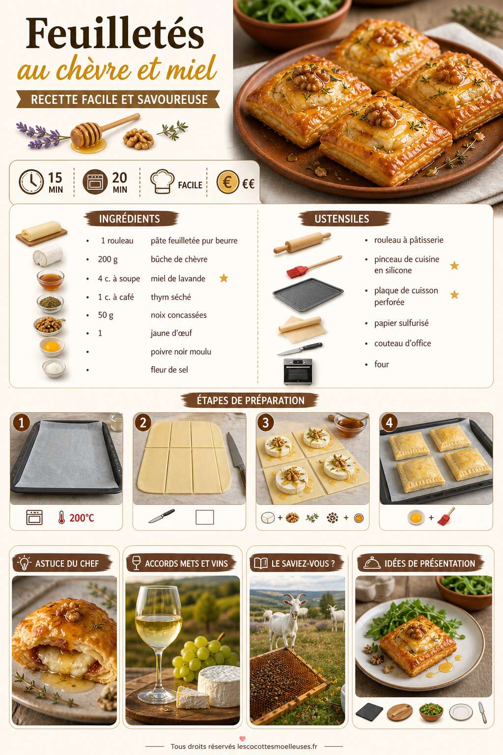 Fiche recette Feuilletés au chèvre et miel : recette facile et savoureuse Fiche recette Feuilletés au chèvre et miel : recette facile et savoureuse