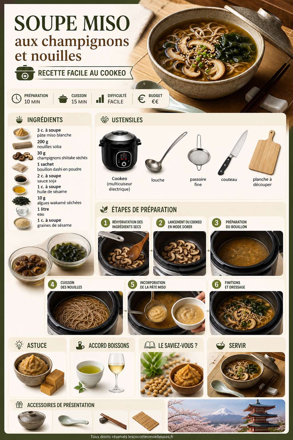 Fiche recette Soupe miso aux champignons et nouilles : recette facile au cookeo Fiche recette Soupe miso aux champignons et nouilles : recette facile au cookeo