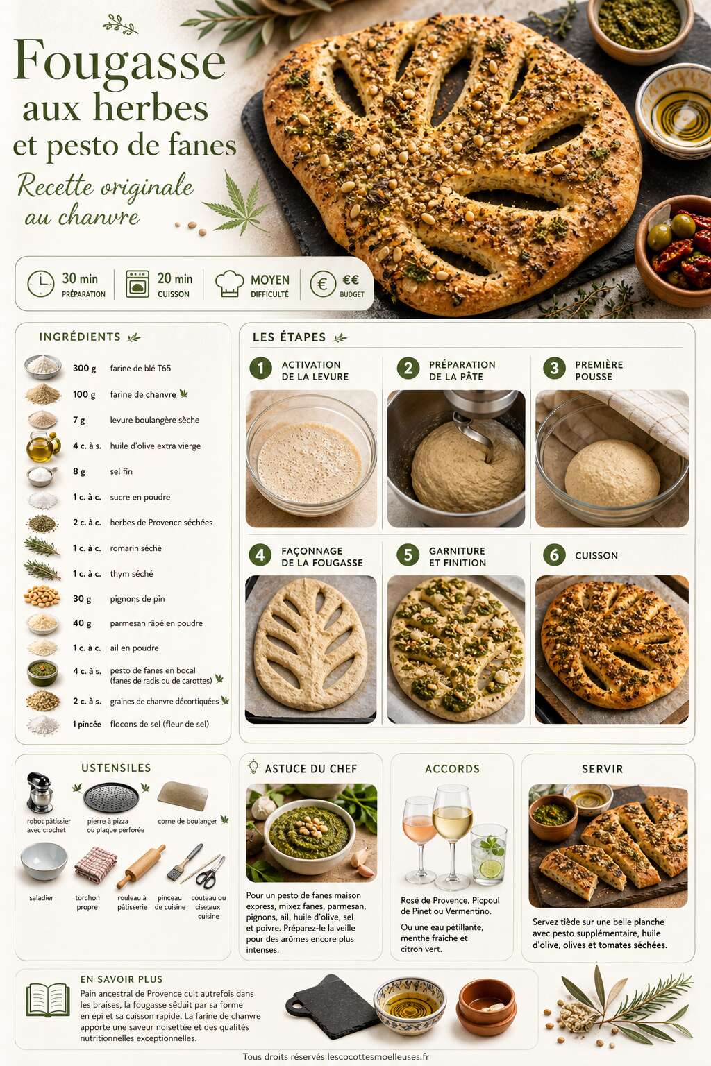 Fiche recette Fougasse aux herbes et pesto de fanes : recette originale au chanvre