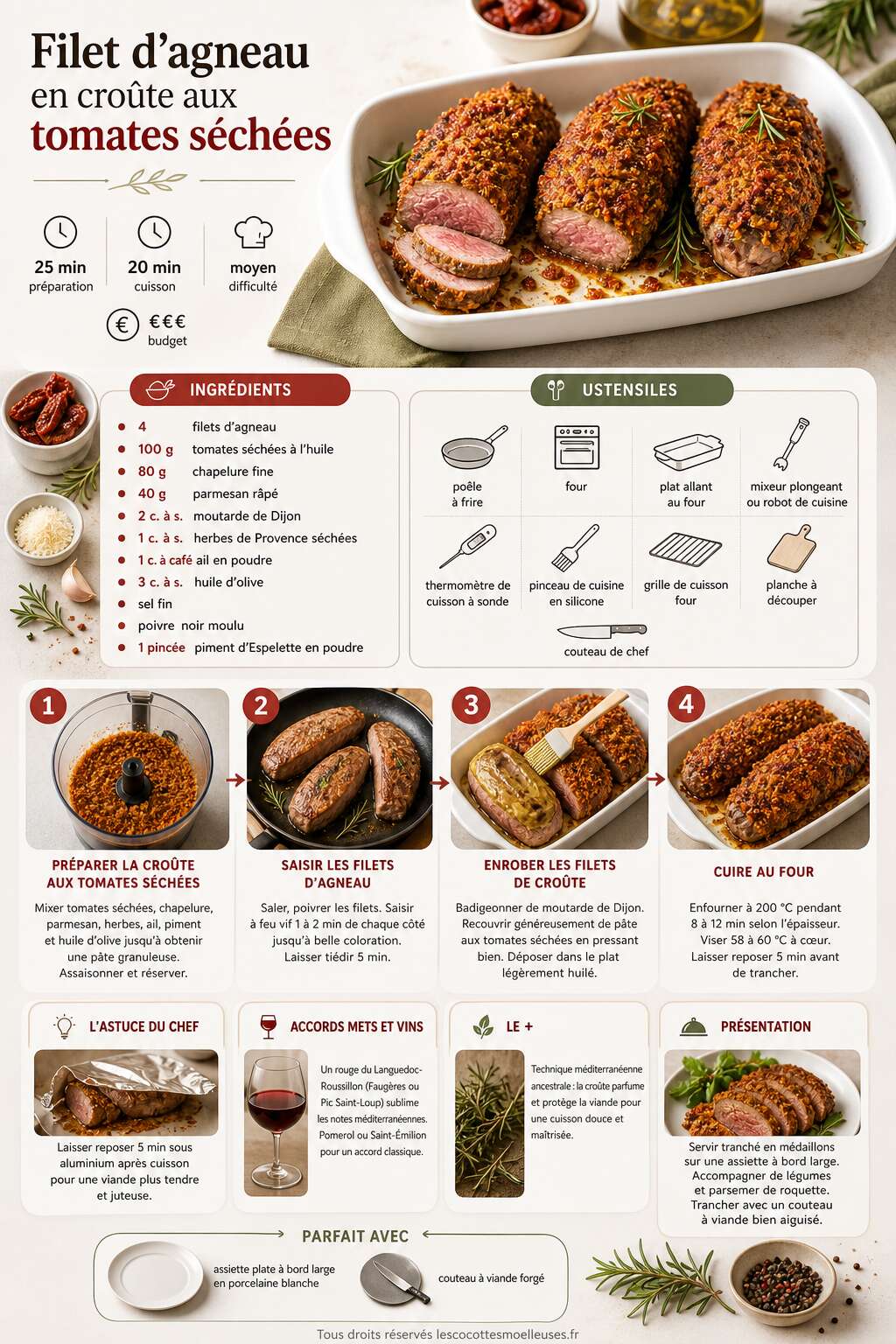 Fiche recette Recette de filet d'agneau en croûte aux tomates séchées Fiche recette Recette de filet d'agneau en croûte aux tomates séchées