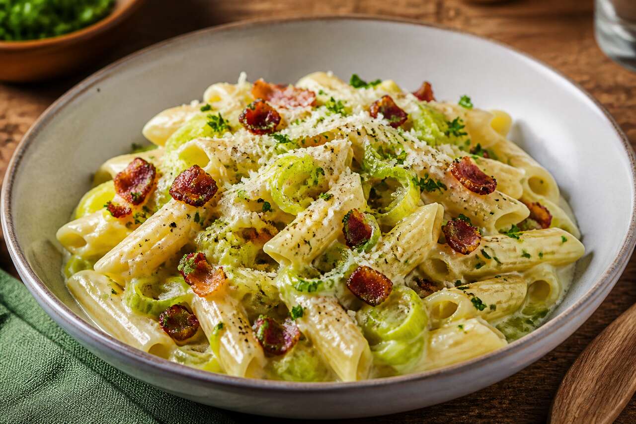 Pâtes au poireau, crème et lardons : recette savoureuse