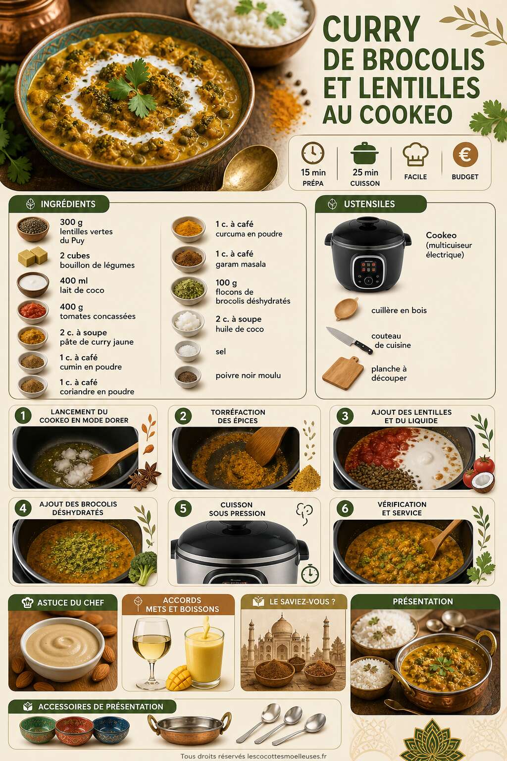 Fiche recette Curry de brocolis et lentilles au Cookeo