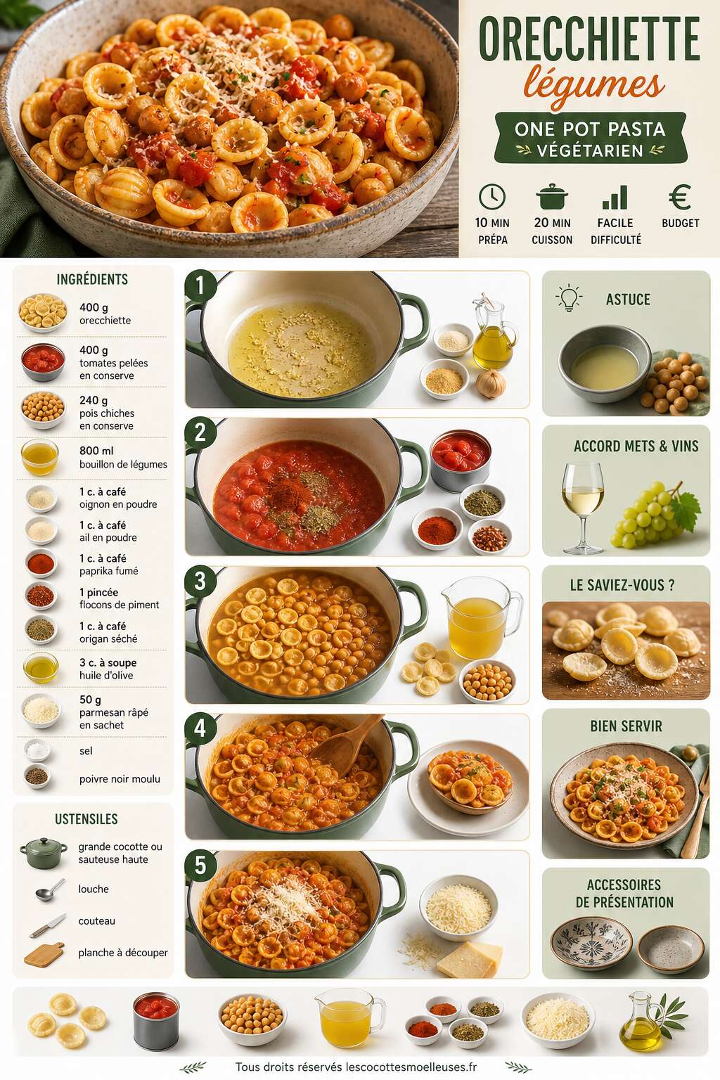 Fiche recette Recette orecchiette légumes : one pot pasta végétarien Fiche recette Recette orecchiette légumes : one pot pasta végétarien