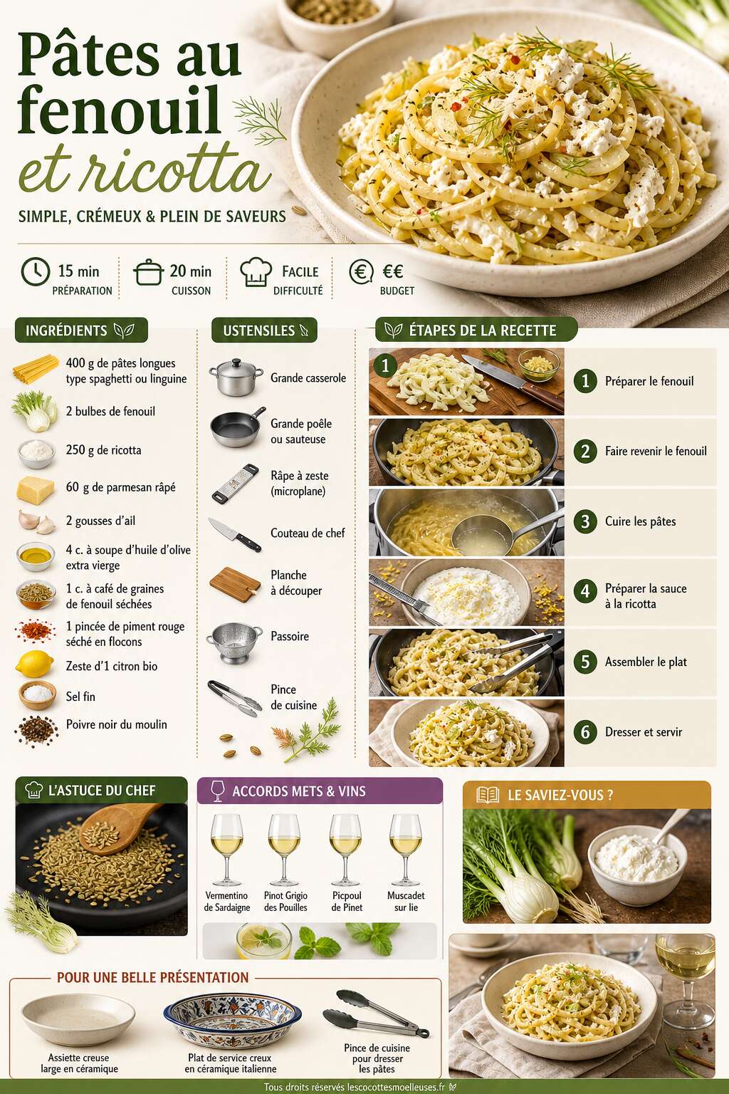 Fiche recette Pâtes au fenouil et ricotta : recette facile et savoureuse Fiche recette Pâtes au fenouil et ricotta : recette facile et savoureuse