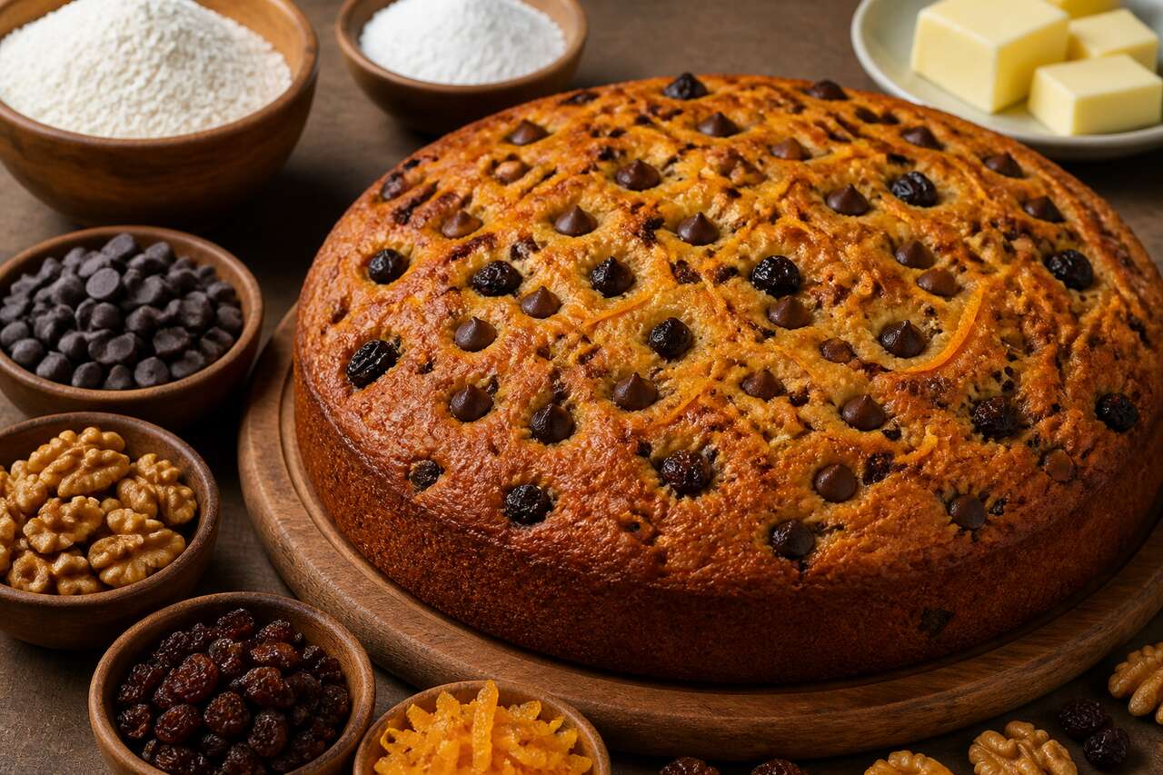 Cake aux noix, pépites de chocolat, raisins et écorces d'orange : une recette gourmande
