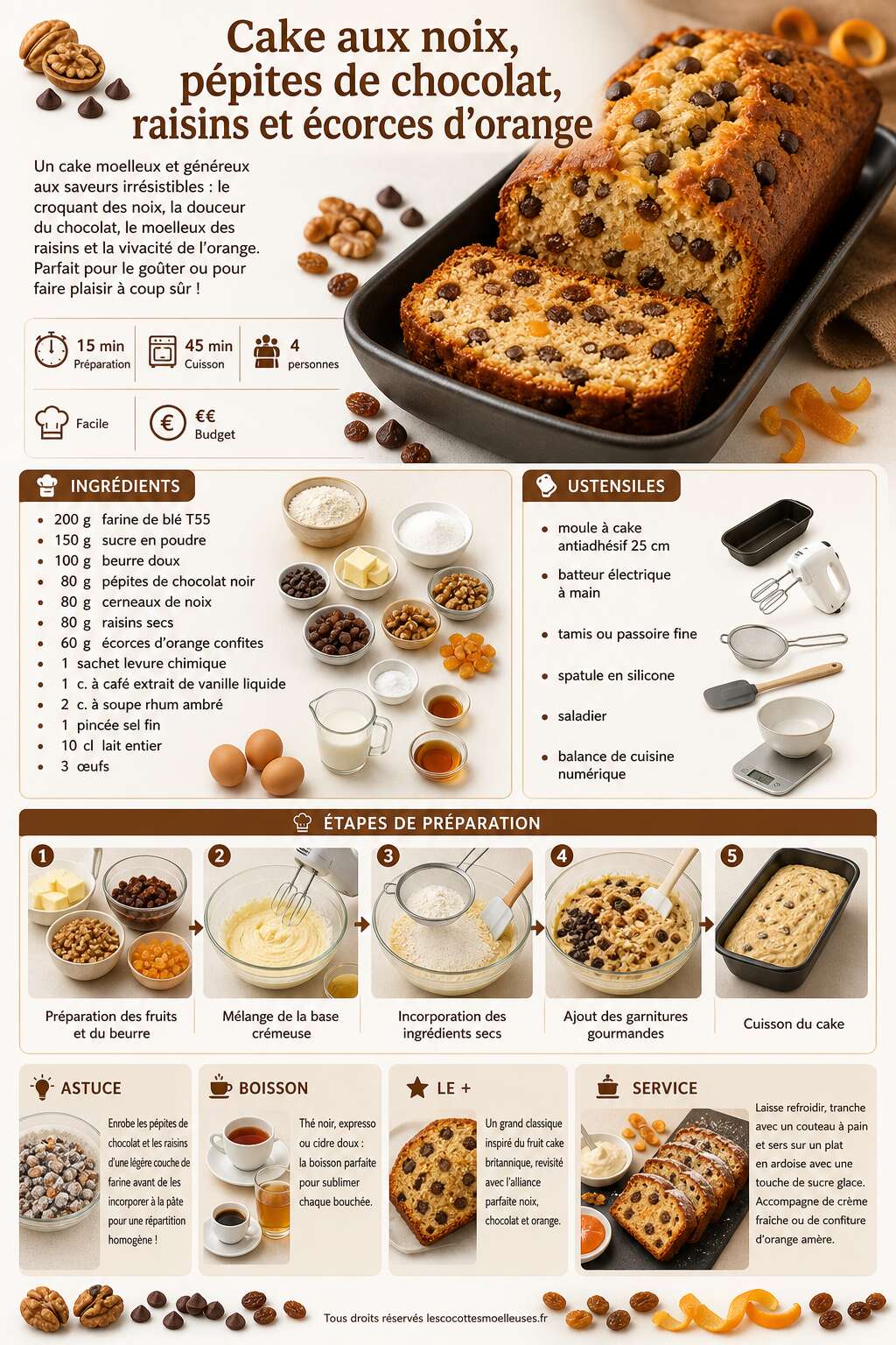 Fiche recette Cake aux noix, p&eacute;pites de chocolat, raisins et &eacute;corces d'orange : une recette gourmande