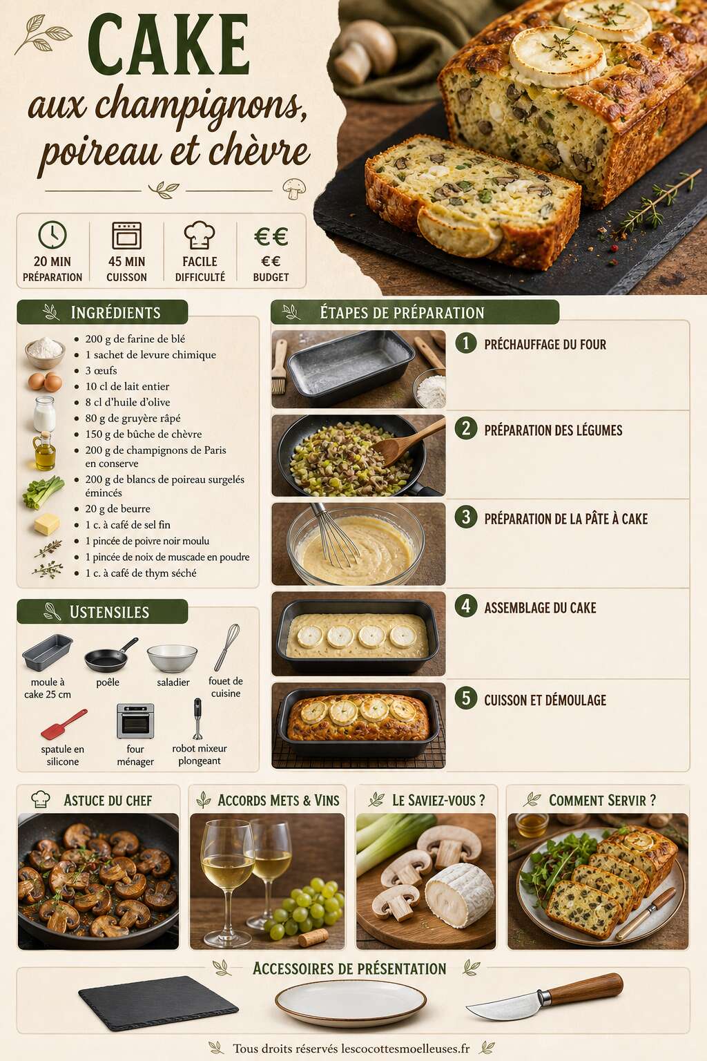 Fiche recette Cake aux champignons, poireau et chèvre : recette gourmande Fiche recette Cake aux champignons, poireau et chèvre : recette gourmande