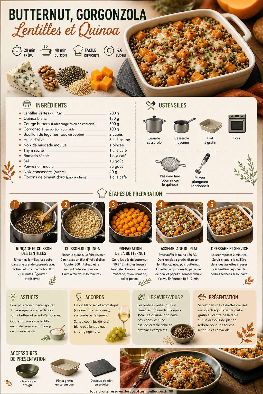 Fiche recette Butternut, gorgonzola : recette savoureuse de lentilles et quinoa Fiche recette Butternut, gorgonzola : recette savoureuse de lentilles et quinoa