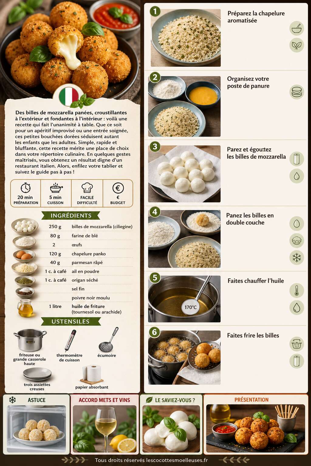 Fiche recette Billes de mozzarella pan&eacute;es : recette savoureuse et croustillante
