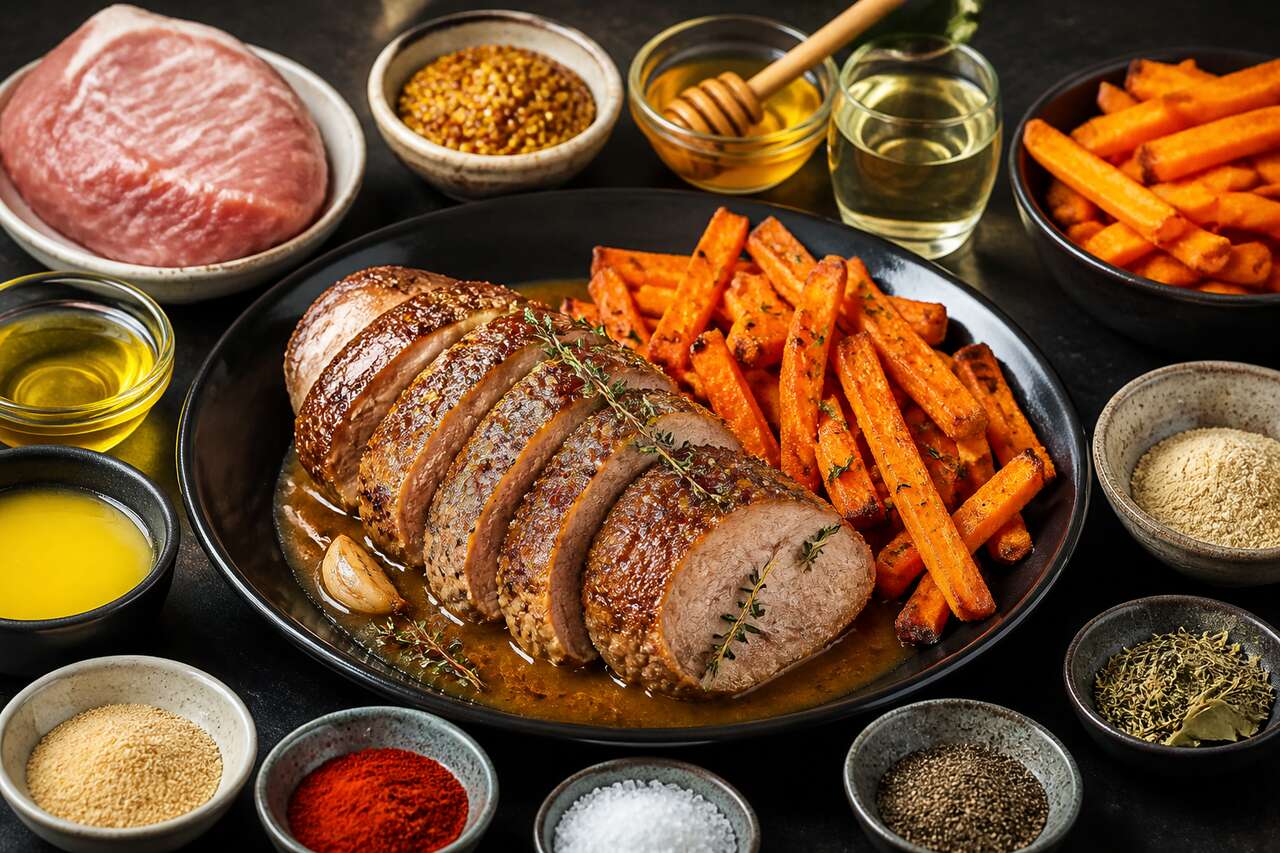 Noix de veau braisée à la moutarde et miel avec frites de patates douces