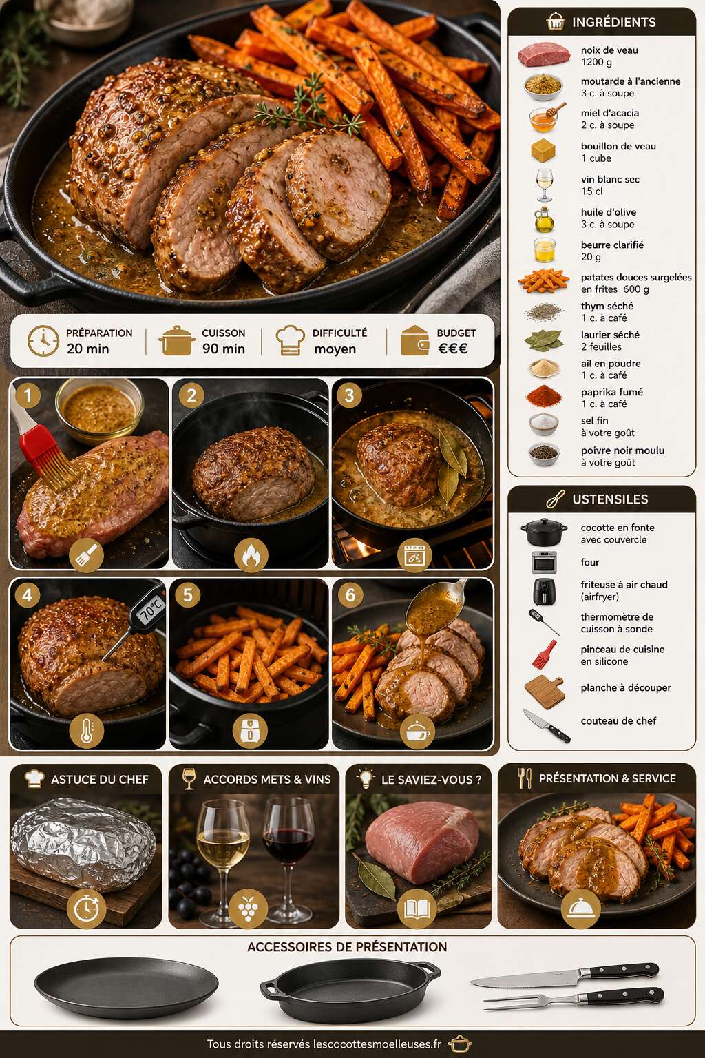 Fiche recette Noix de veau braisée à la moutarde et miel avec frites de patates douces Fiche recette Noix de veau braisée à la moutarde et miel avec frites de patates douces